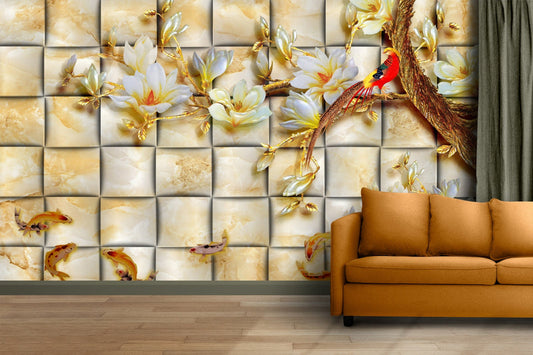 Golden Pheasant & Magnolia Marble Tile Mural
