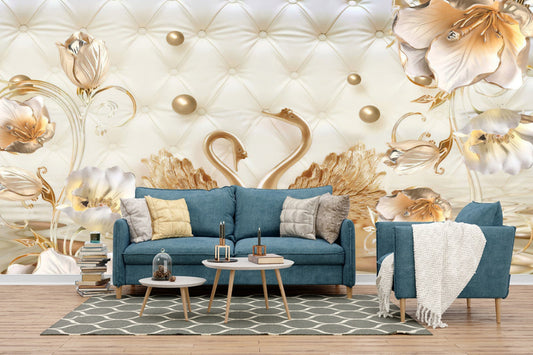 Golden Swans & Elegant Blooms Wallpaper