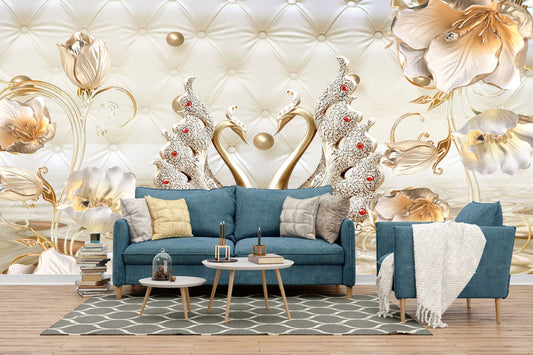 Golden Swans & Floral Elegance Wallpaper