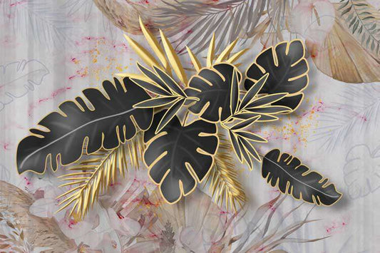 Golden Tropics Black & Gold Leaf Wallpaper