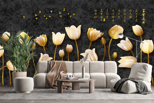 Golden Tulips & Flying Birds Wallpaper