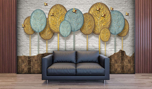 Golden & Teal Leaf Brick Wall Mural