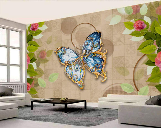 Jeweled Butterfly & Roses Wallpaper Mural