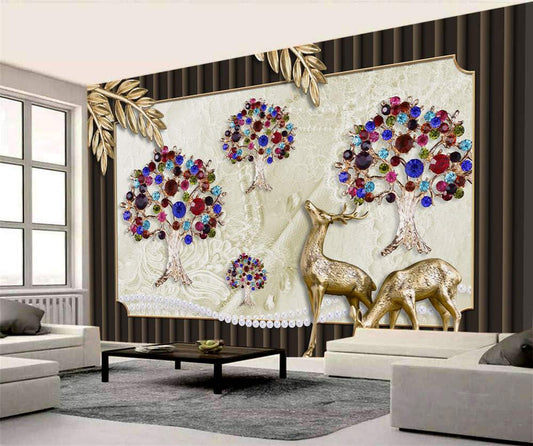 Jeweled Trees & Golden Deer Wallpaper