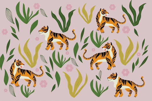 Jungle Tigers & Tropical Leaves Wallpaper