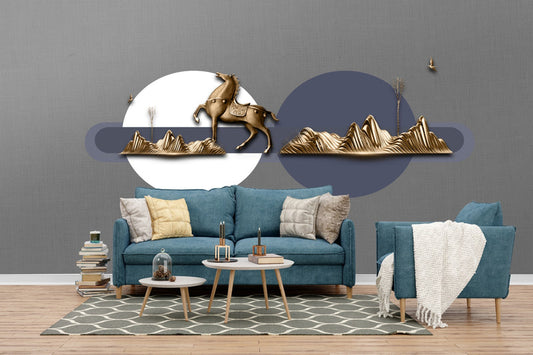Majestic Horse & Mountain Range Art Deco Wallpaper