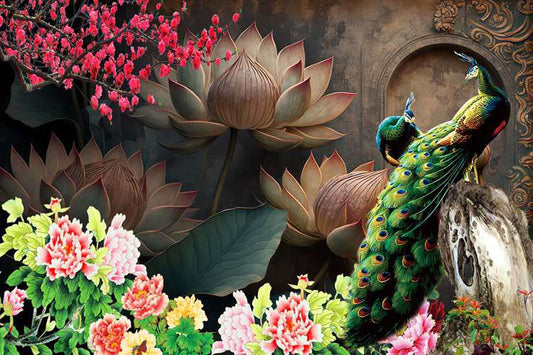 Majestic Peacocks & Blooming Lotus Paradise