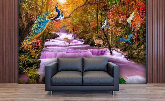 Majestic Peacocks & Purple Waterfall Paradise