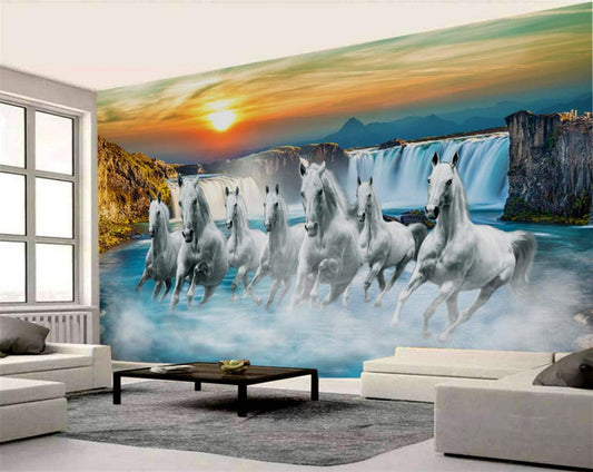 Majestic White Horses Waterfall Sunset Mural