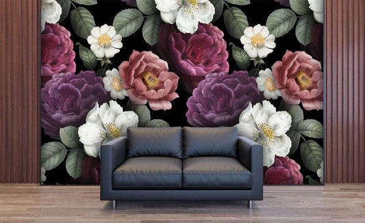 Midnight Bloom Dark Rose & White Floral Wallpaper
