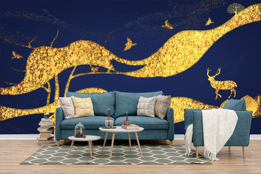 Midnight Gold Deer & Glittering Branches Wallpaper