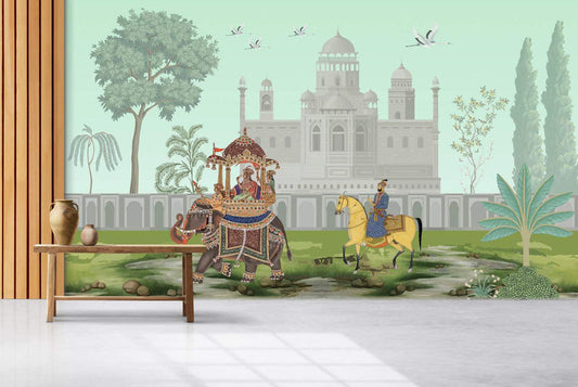 Mughal Majesty Elephant & Horse Procession Wallpaper