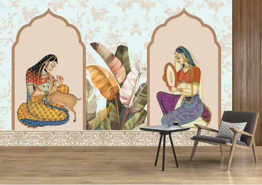 Mughal Princesses & Tropical Leaves Mural