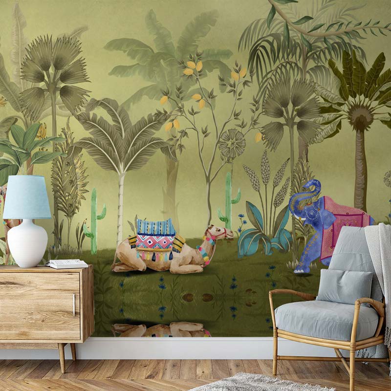 Oasis Dreams Camel & Elephant in a Lush Garden
