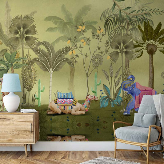 Oasis Dreams Camel & Elephant in a Lush Garden