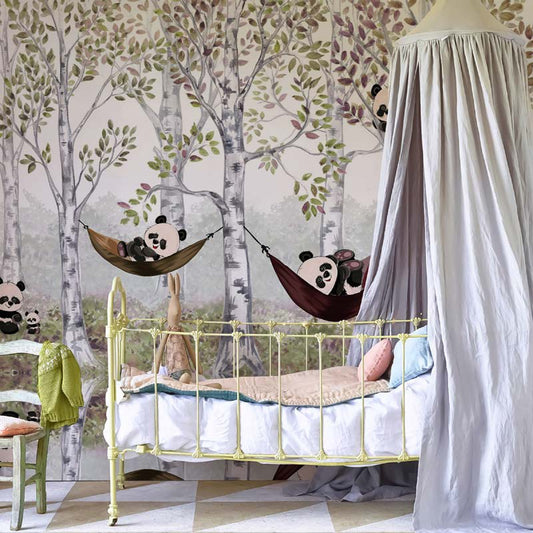 Pandas in Birchwood Hammocks Wallpaper Mural