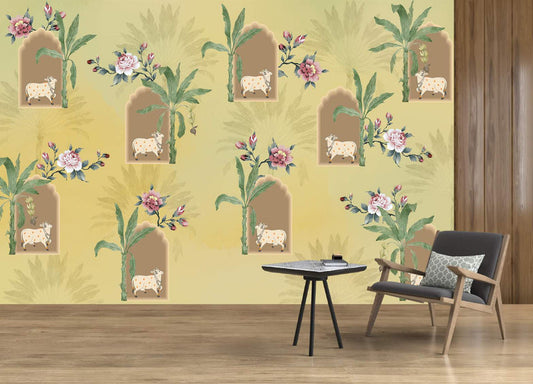 Pastel Cows & Tropical Blooms Wallpaper