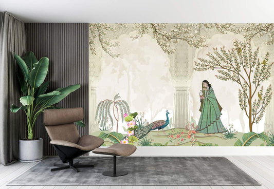 Peacock Garden Mughal Romance Wallpaper