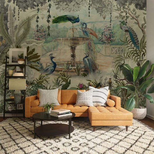 Peacock Paradise Fountain Wallpaper Mural