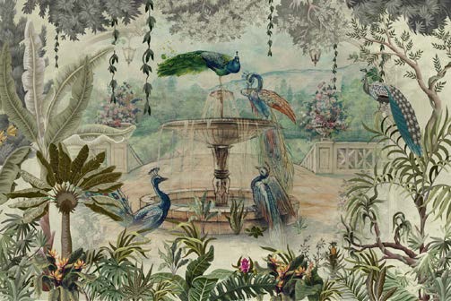 Peacock Paradise Garden Fountain Mural