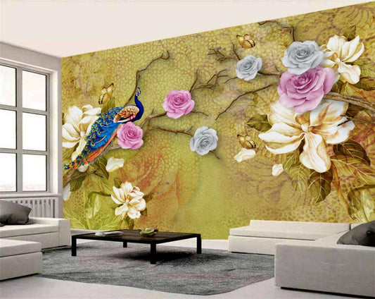 Peacock Paradise Roses & Magnolias Mural