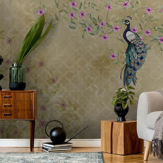 Peacock & Floral Damask Wallpaper Mural