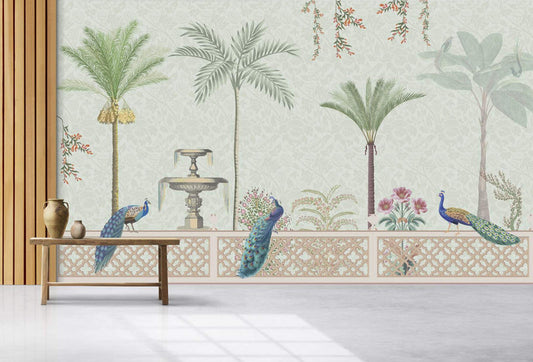 Peacocks & Palms Oasis Wallpaper