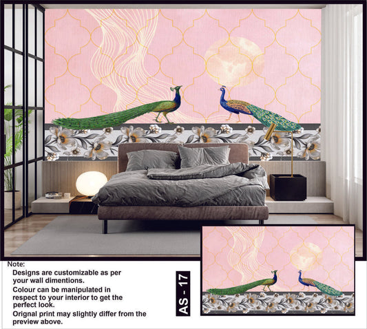 Pink Moonlit Peacocks Wallpaper Mural
