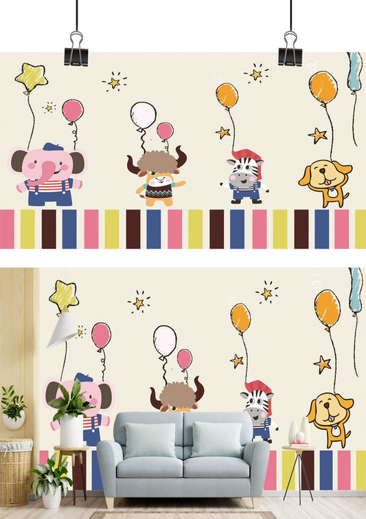 Playful Animals & Balloons Kids Wallpaper