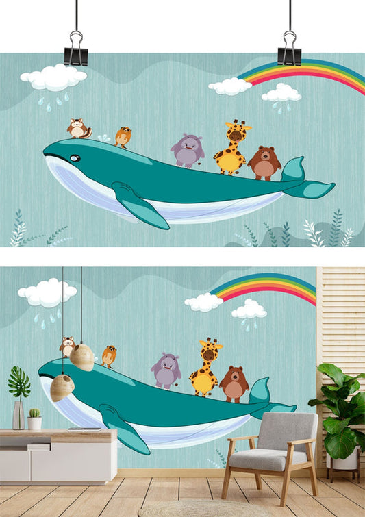Rainbow Whale Safari Kids Wallpaper