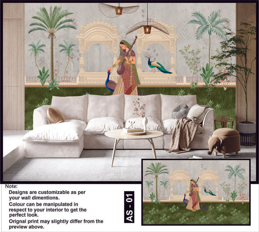 Rajasthani Princess & Peacocks Mural
