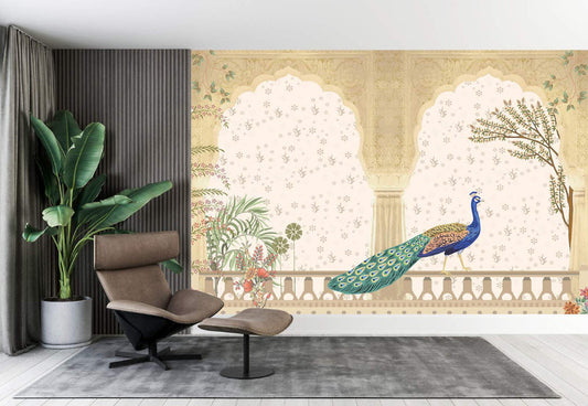 Regal Peacock Palace Garden Wallpaper