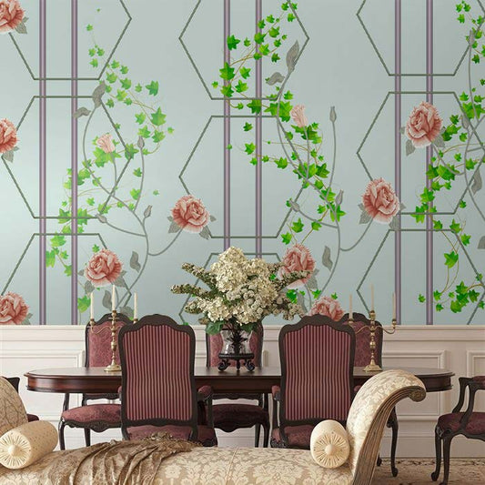 Rose Trellis Elegant Hexagon Floral Wallpaper