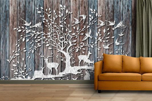 Rustic Wooden Tree Deer Birds Wallpaper