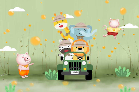 Safari Adventure Cute Animals on a Jeep Wallpaper
