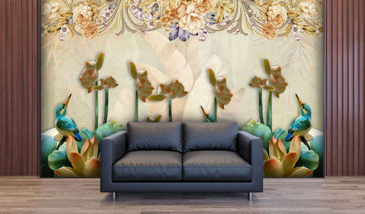 Serene Birds & Blooming Lotus Wallpaper