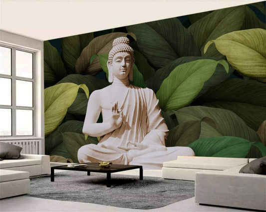 Serene Buddha Amidst Lush Leaves