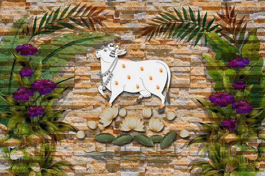 Serene Cow & Lotus Stone Wall Art