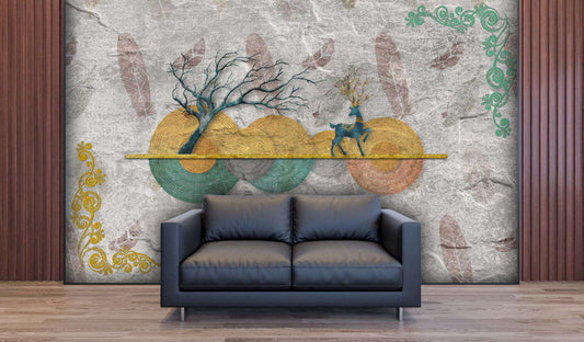 Serene Deer & Abstract Feathers Wallpaper