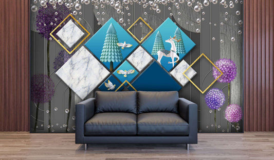 Serene Deer & Geometric Marble Dreamscape
