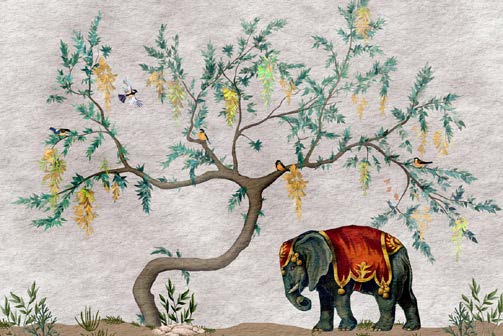 Serene Elephant and Willow Wallpaper