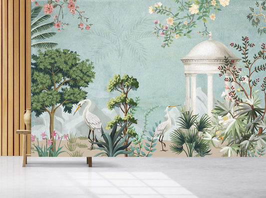 Serene Garden Oasis with Elegant Cranes