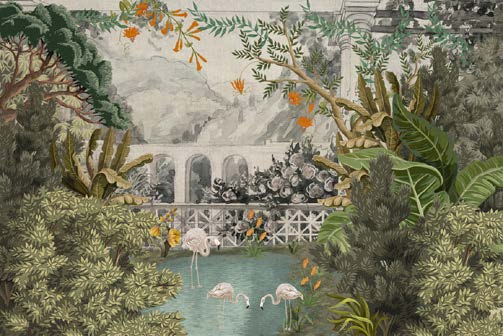 Serene Garden Oasis with Flamingos