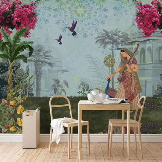 Serene Indian Garden Mural with Peacock