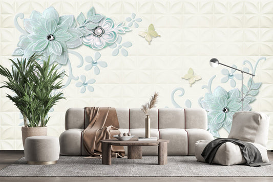 Serene Mint Floral Wallpaper with Butterflies