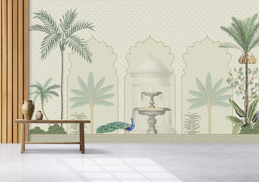 Serene Oasis Peacock & Palm Garden Mural