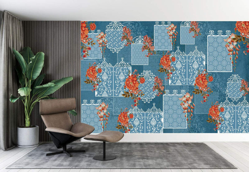 Serene Teal & Coral Damask Blooms