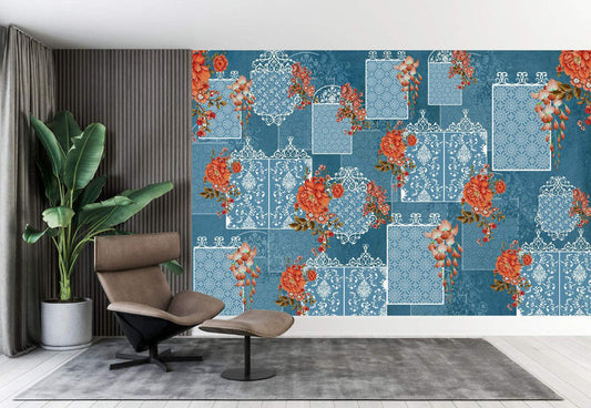 Serene Teal & Coral Damask Blooms