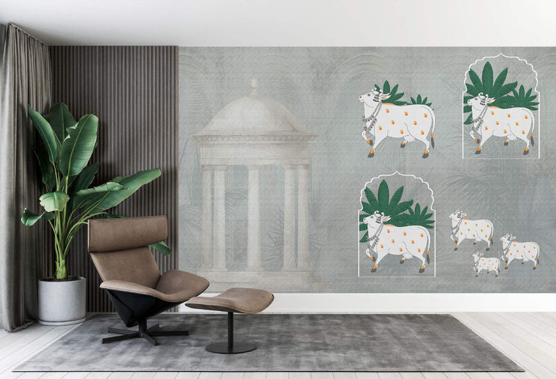 Serene Temple Cows Wallpaper Mural