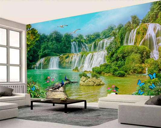 Serene Waterfall Oasis with Peacocks and Butterflies